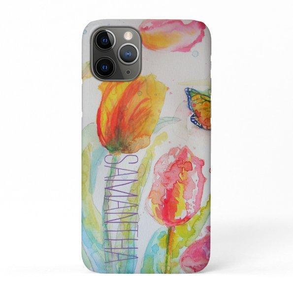 Pink Tulip Tulips Floral Watercolor Womans Name iPhone 11 Pro Case