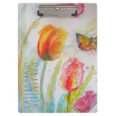 Pink Tulip Tulips Floral Watercolor Womans Name Clipboard
