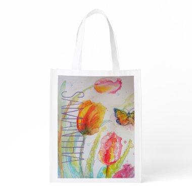 Pink Tulip Tulips Floral Watercolor Womans Name Grocery Bag
