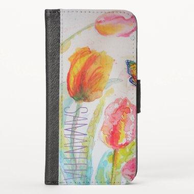 Pink Tulip Tulips Floral Watercolor Womans Name iPhone X Wallet Case