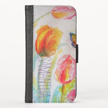 Pink Tulip Tulips Floral Watercolor Womans Name iPhone X Wallet Case