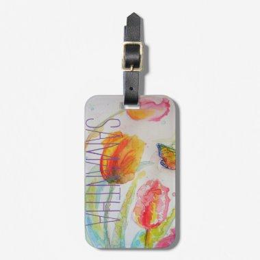 Pink Tulip Tulips Floral Watercolor Womans Name Luggage Tag