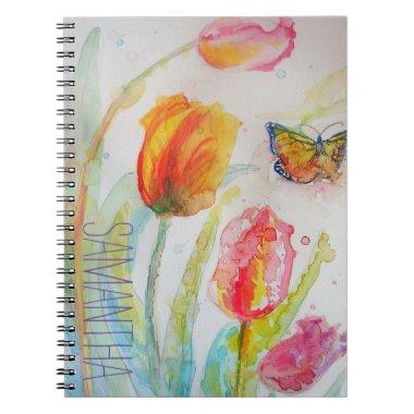 Pink Tulip Tulips Floral Watercolor Womans Name Notebook