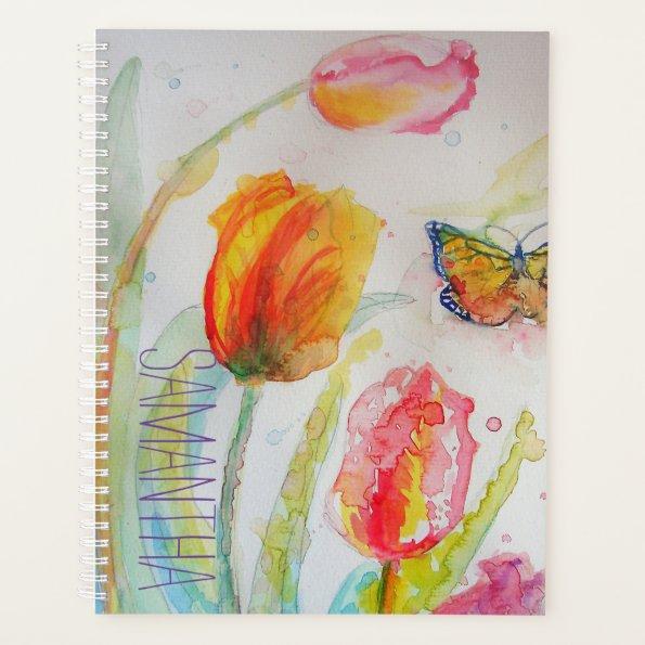 Pink Tulip Tulips Floral Watercolor Womans Name Planner