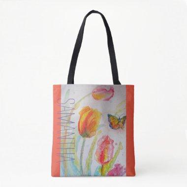 Pink Tulip Tulips Floral Watercolor Womans Name Tote Bag