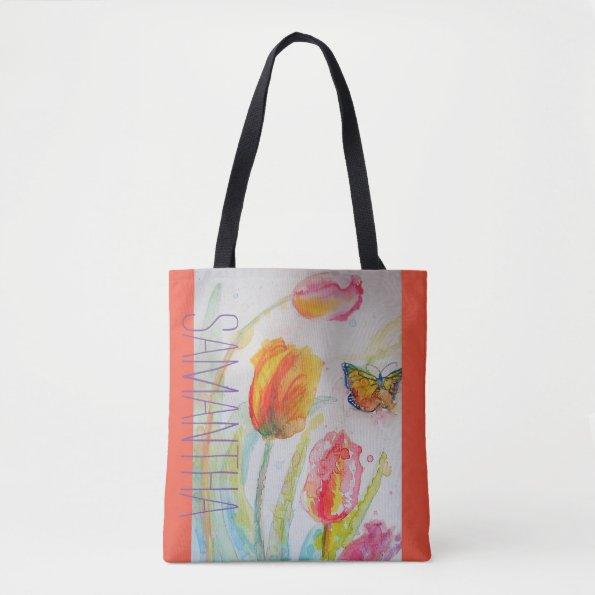 Pink Tulip Tulips Floral Watercolor Womans Name Tote Bag