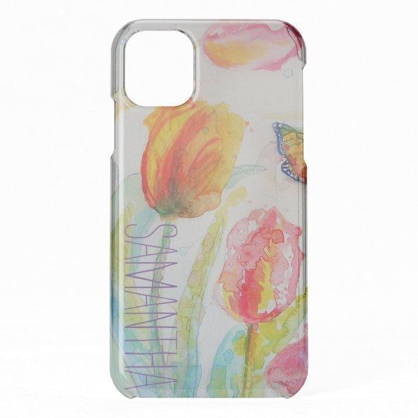 Pink Tulip Tulips Floral Watercolor Womans Name iPhone 11 Case