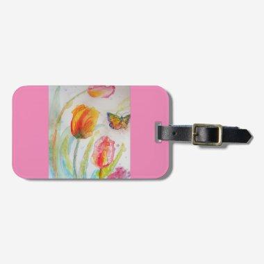 Pink Tulip Tulips Watercolor Luggage Tag