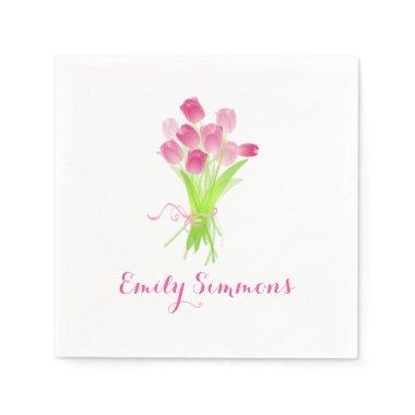 Pink Tulips & Name - Cocktail Napkin