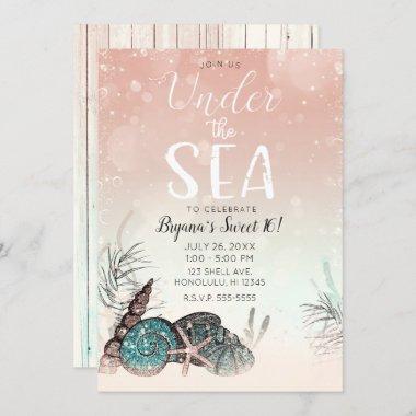 Pink Under the Sea Shells Beach Sweet 16 Party Invitations
