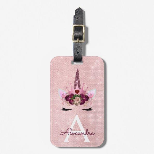 Pink Unicorn Sparkle Princess Monogram Name Luggage Tag