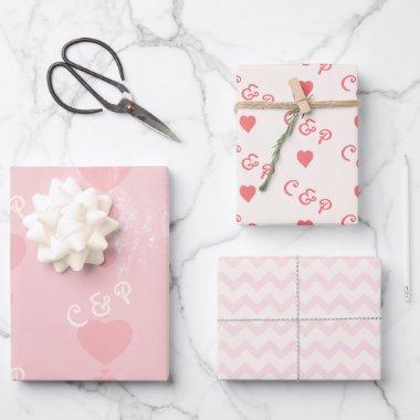 Pink Valentine Hand Drawn Hearts Couple Monograms Wrapping Paper Sheets