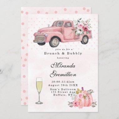 Pink vintage Truck Brunch and Bubbly Invitations