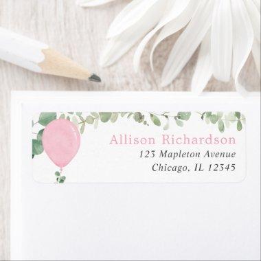 Pink watercolor balloon eucalyptus greenery label