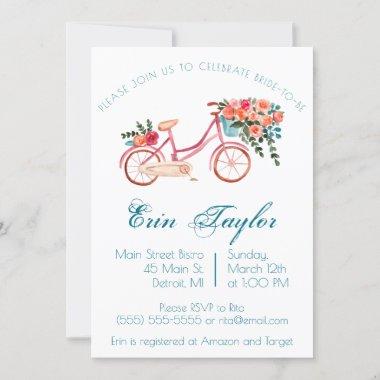 Pink Watercolor Bicycle Floral Bridal Shower Invitations