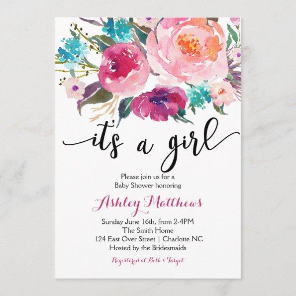 Pink watercolor boho Floral Baby Shower Invitations