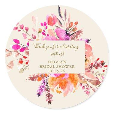 Pink Watercolor Floral Bouquet Bridal Shower Classic Round Sticker