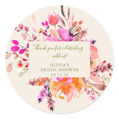 Pink Watercolor Floral Bouquet Bridal Shower Classic Round Sticker