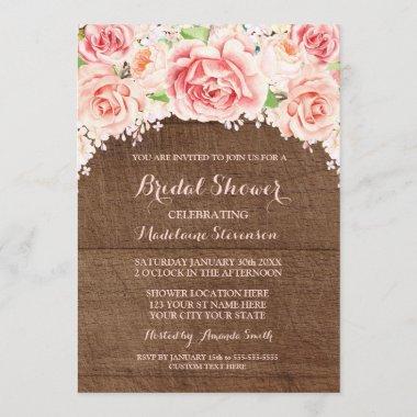 Pink Watercolor Floral Brown Wood Bridal Shower Invitations