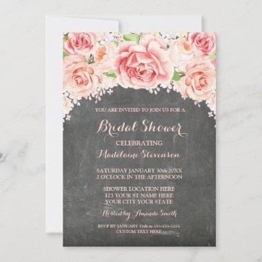Pink Watercolor Floral Chalkboard Bridal Shower Invitations