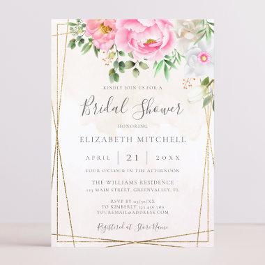 Pink Watercolor Floral Geometric Bridal Shower Invitations
