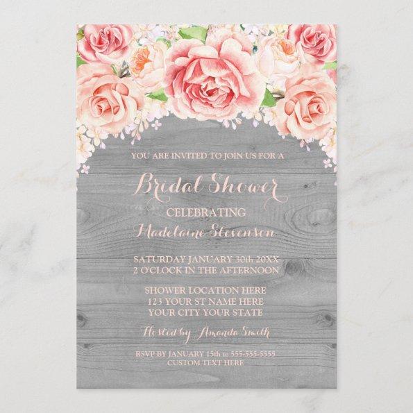 Pink Watercolor Floral Grey Wood Bridal Shower Invitations
