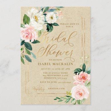 Pink Watercolor Floral Kraft Rustic Bridal Shower Invitations