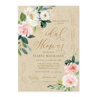 Pink Watercolor Floral Kraft Rustic Bridal Shower Invitations