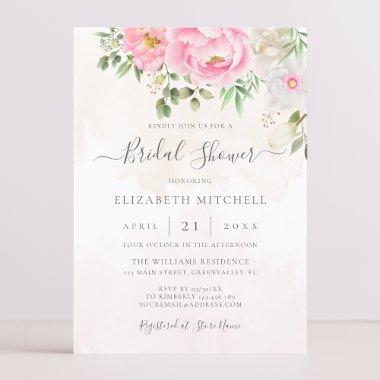 Pink Watercolor Floral Peony Elegant Bridal Shower Invitations