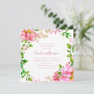 Pink Watercolor Flower Wreath Rustic Bridal Shower Invitations