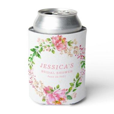 Pink Watercolor Flowers Bridal Shower Custom Can Cooler