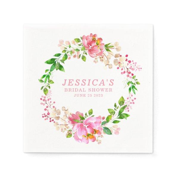 Pink Watercolor Flowers Bridal Shower Custom Paper Napkins