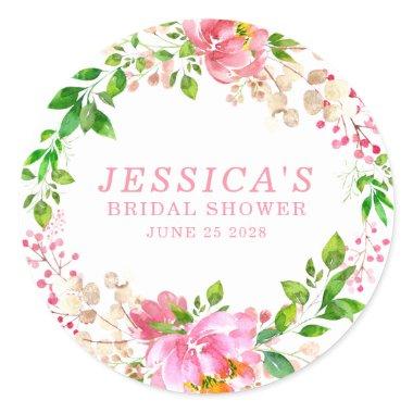 Pink Watercolor Flowers Bridal Shower Favor Classic Round Sticker