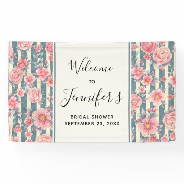 Pink Watercolor Flowers on Stripes  Banner