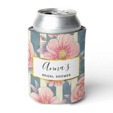 Pink Watercolor Flowers on Stripes Bridal Shower Can Cooler