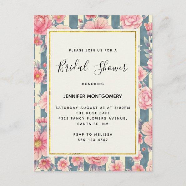 Pink Watercolor Flowers on Stripes Bridal Shower Invitation PostInvitations