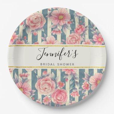 Pink Watercolor Flowers on Stripes Bridal Shower Paper Plates