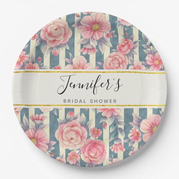 Pink Watercolor Flowers on Stripes Bridal Shower Paper Plates
