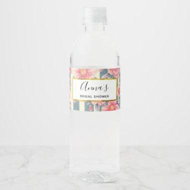 Pink Watercolor Flowers on Stripes Bridal Shower Water Bottle Label
