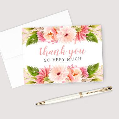 Pink Watercolor Flowers Wedding Bridal Shower Thank You Invitations