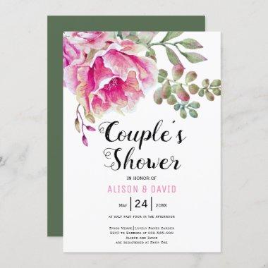 Pink watercolor flowers wedding couples shower Invitations