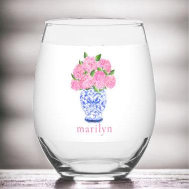 Pink Watercolor Hydrangeas Chinoiserie Custom Stemless Wine Glass