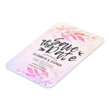 Pink Watercolor Leaf Flowers Wedding Save The Date Magnet