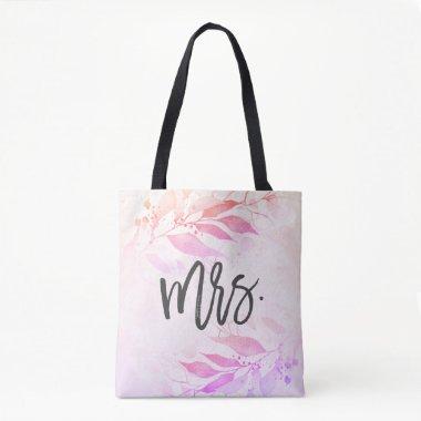 Pink Watercolor Leaves Botanical Wedding Bride Mrs Tote Bag