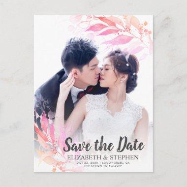 Pink Watercolor Leaves Wedding Save The Date Photo PostInvitations