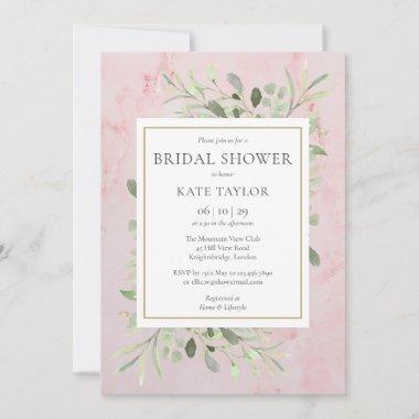 Pink Watercolor Marble Greenery Bridal Shower Invitations