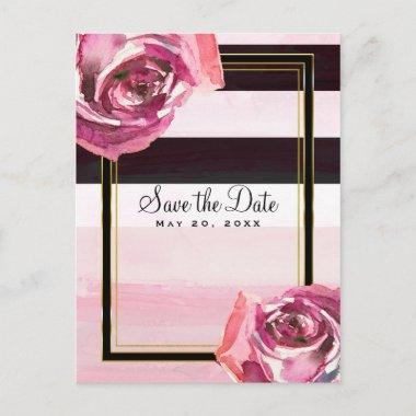 Pink Watercolor Roses Black White Save the Date Announcement PostInvitations