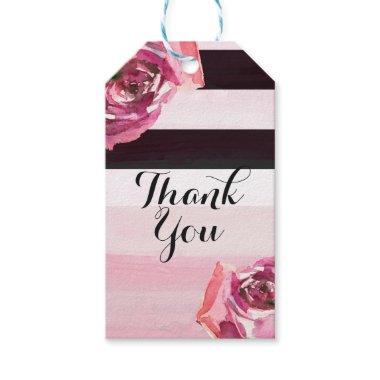 Pink Watercolor Roses Black White Stripe Modern Gift Tags