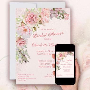 Pink Watercolor Roses Bridal Shower Invitations