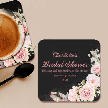 Pink Watercolor Roses Bridal Shower Square Paper Coaster